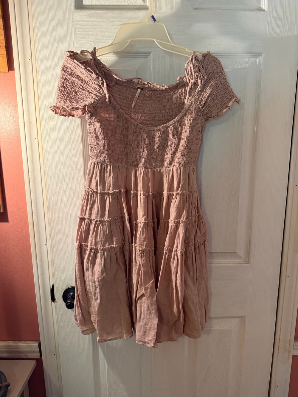 Free People taupe Smocked Tiered Short Sleeve Tunic